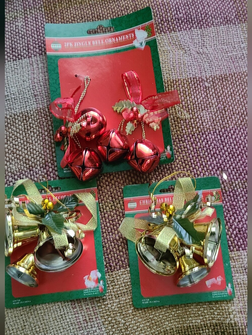3 NWT Festive Red and Gold Jingle Bell Ornaments -